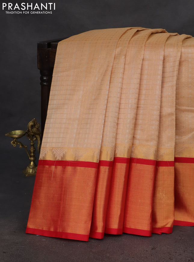 Kuppadam silk cotton saree sandal and red with allover small zari checks & lakshadeepam weaves and temple design long zari woven border