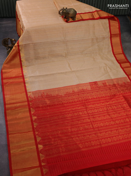 Kuppadam silk cotton saree sandal and red with allover small zari checks & lakshadeepam weaves and temple design long zari woven border