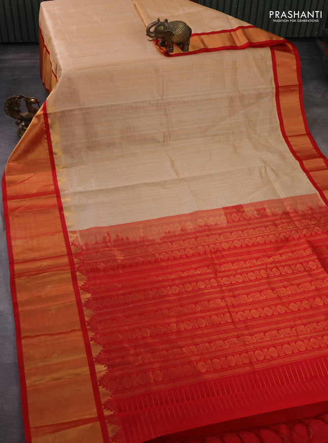 Kuppadam silk cotton saree sandal and red with allover small zari checks & lakshadeepam weaves and temple design long zari woven border