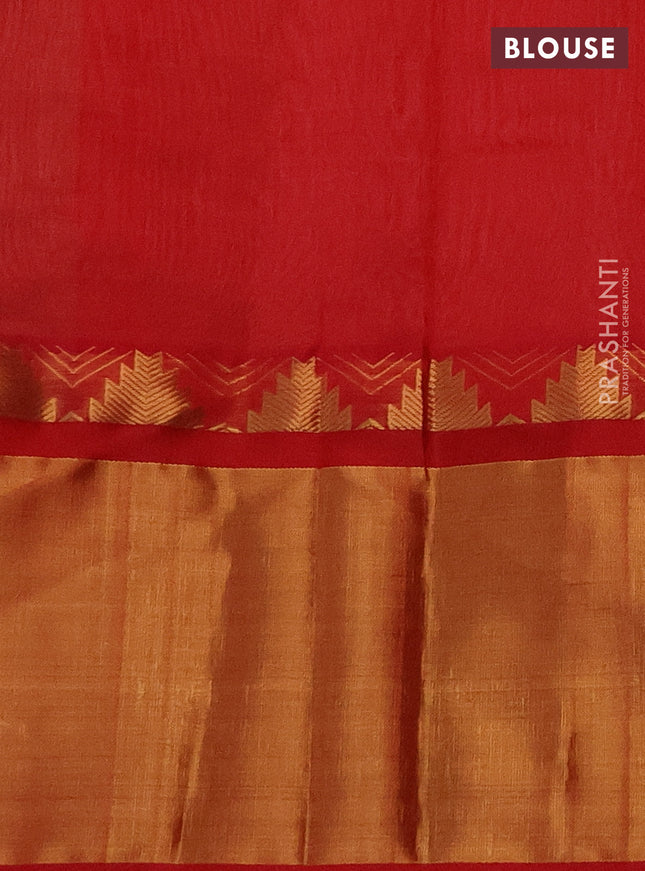 Kuppadam silk cotton saree sandal and red with allover small zari checks & lakshadeepam weaves and temple design long zari woven border