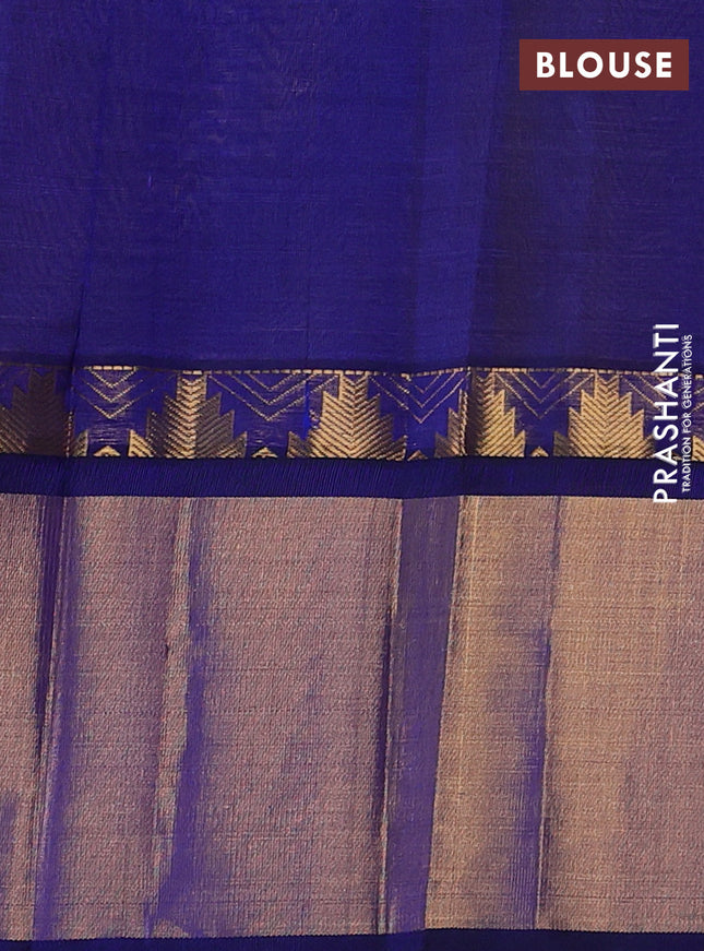 Kuppadam silk cotton saree lime yellow and blue with allover small zari checks & lakshadeepam weaves and temple design long zari woven border