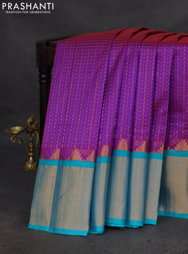 Kuppadam silk cotton saree purple and teal blue with allover small zari checks & lakshadeepam weaves and temple design long zari woven border