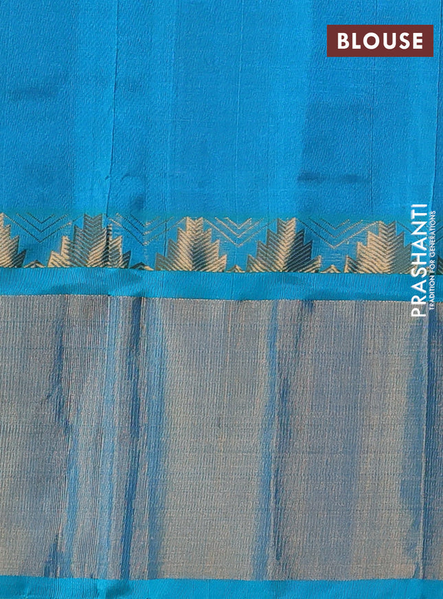 Kuppadam silk cotton saree purple and teal blue with allover small zari checks & lakshadeepam weaves and temple design long zari woven border