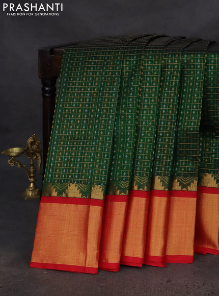 Kuppadam silk cotton saree green and red with allover small zari checks & lakshadeepam weaves and temple design long zari woven border
