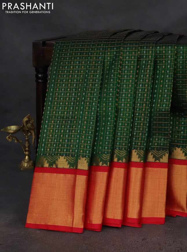 Kuppadam silk cotton saree green and red with allover small zari checks & lakshadeepam weaves and temple design long zari woven border