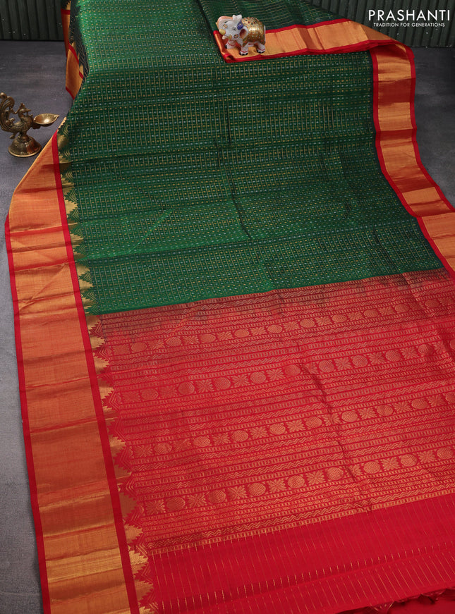 Kuppadam silk cotton saree green and red with allover small zari checks & lakshadeepam weaves and temple design long zari woven border