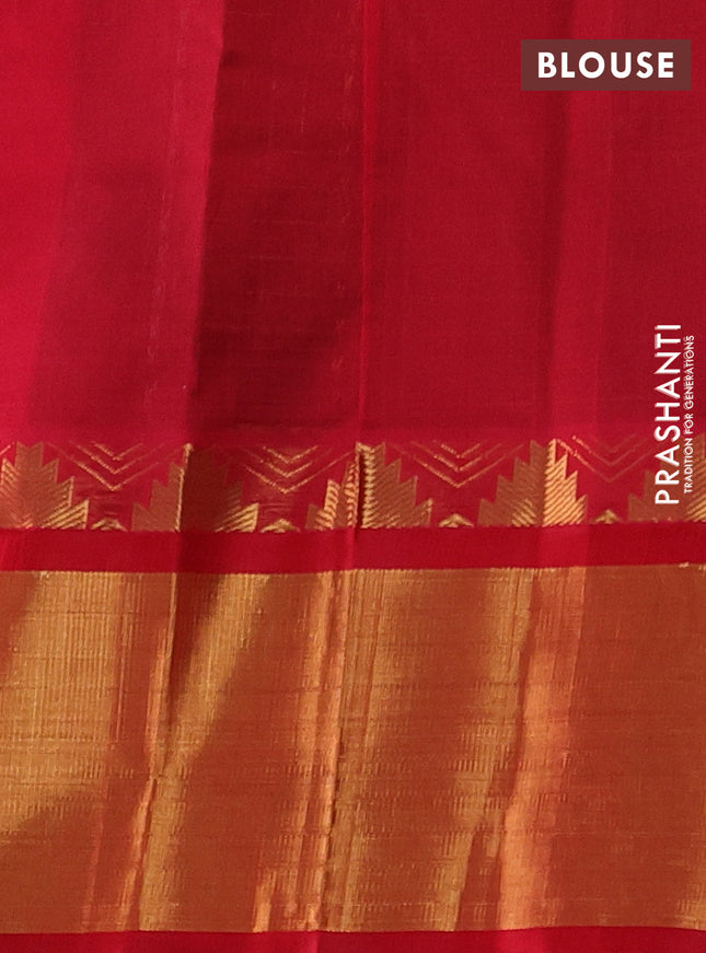 Kuppadam silk cotton saree green and red with allover small zari checks & lakshadeepam weaves and temple design long zari woven border