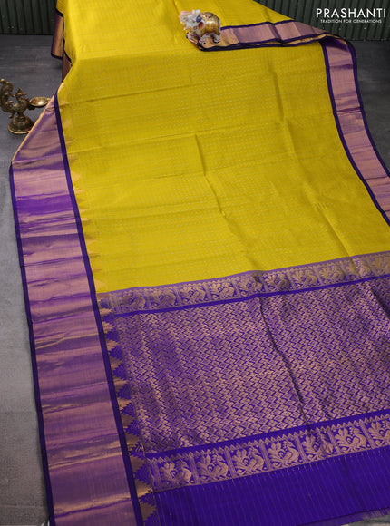 Kuppadam silk cotton saree lime yellow and blue with allover small zari checks & lakshadeepam weaves and temple design long zari woven border
