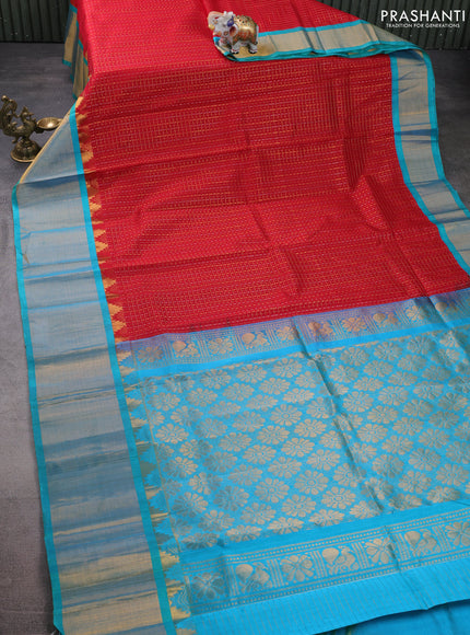 Kuppadam silk cotton saree red and teal blue with allover small zari checks & lakshadeepam weaves and temple design long zari woven border