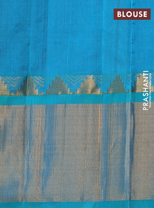 Kuppadam silk cotton saree red and teal blue with allover small zari checks & lakshadeepam weaves and temple design long zari woven border