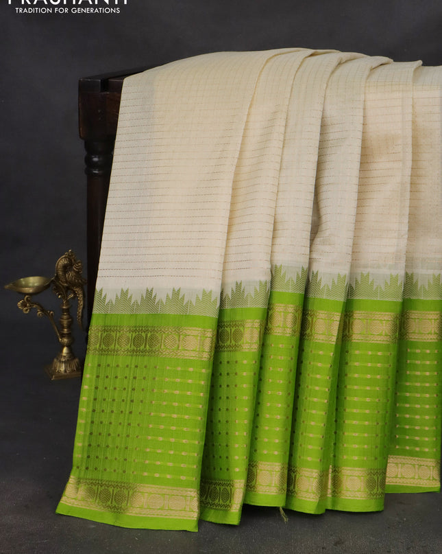 Kuppadam silk cotton saree cream and fluorescent green with allover small zari checks and temple design long zari woven butta border