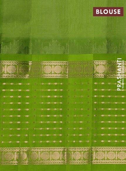 Kuppadam silk cotton saree cream and fluorescent green with allover small zari checks and temple design long zari woven butta border