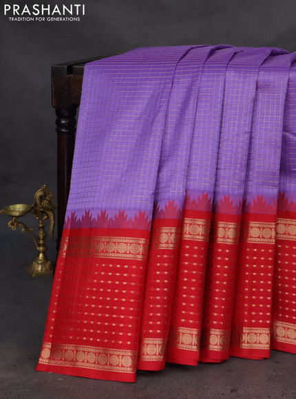 Kuppadam silk cotton saree lavender and red with allover small zari checks and temple design long zari woven butta border