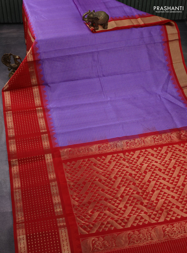 Kuppadam silk cotton saree lavender and red with allover small zari checks and temple design long zari woven butta border