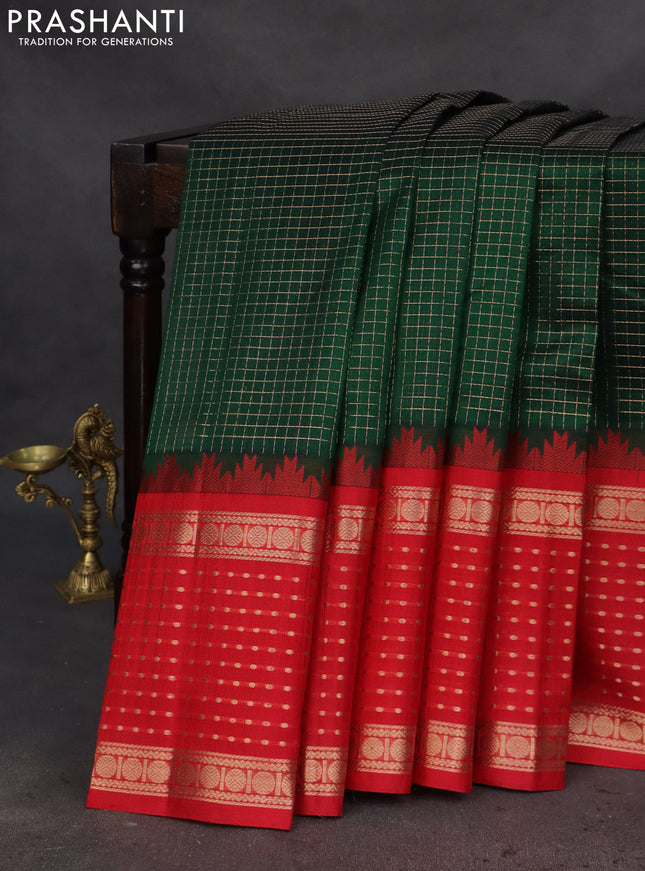 Kuppadam silk cotton saree dark green and red with allover small zari checks and temple design long zari woven butta border