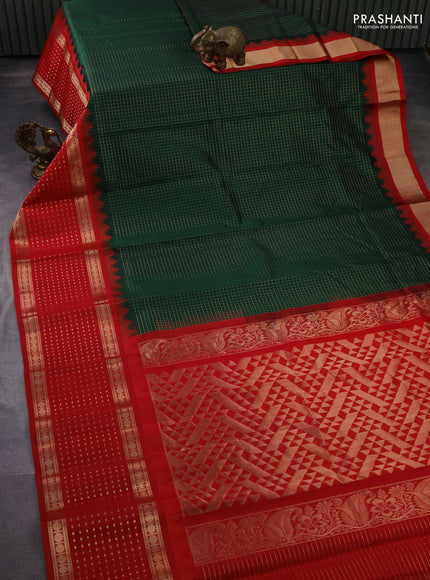 Kuppadam silk cotton saree dark green and red with allover small zari checks and temple design long zari woven butta border