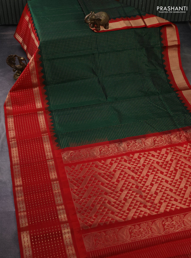 Kuppadam silk cotton saree dark green and red with allover small zari checks and temple design long zari woven butta border