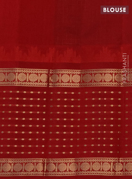 Kuppadam silk cotton saree dark green and red with allover small zari checks and temple design long zari woven butta border