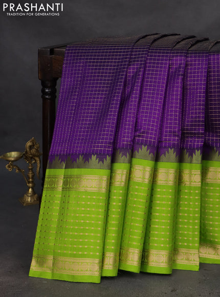 Kuppadam silk cotton saree violet and light green with allover small zari checks and temple design long zari woven butta border