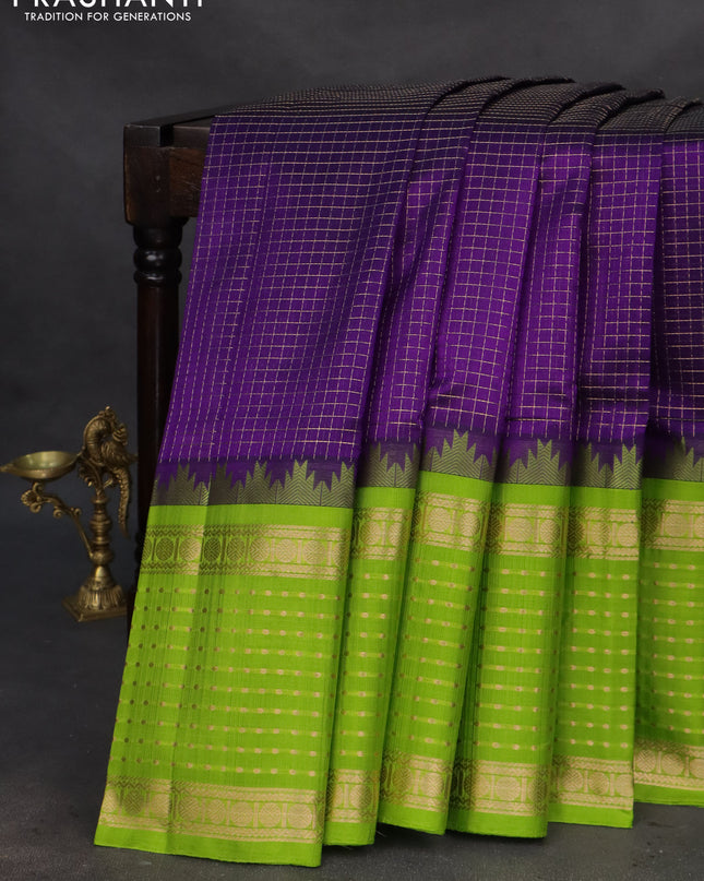 Kuppadam silk cotton saree violet and light green with allover small zari checks and temple design long zari woven butta border