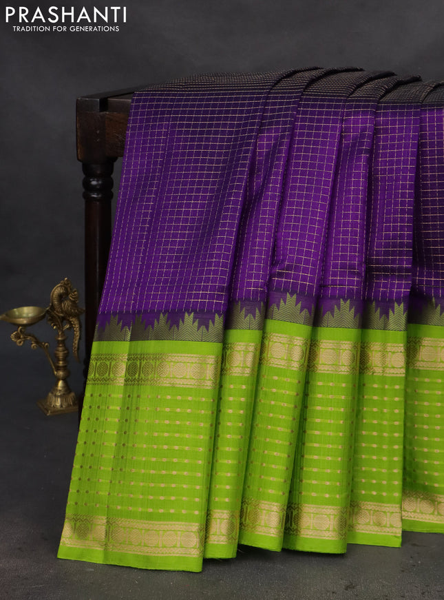 Kuppadam silk cotton saree violet and light green with allover small zari checks and temple design long zari woven butta border