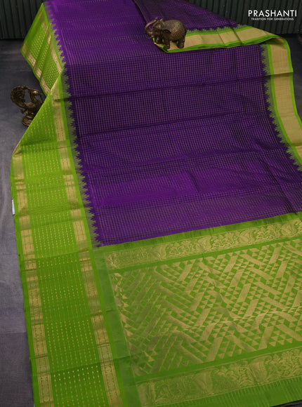 Kuppadam silk cotton saree violet and light green with allover small zari checks and temple design long zari woven butta border