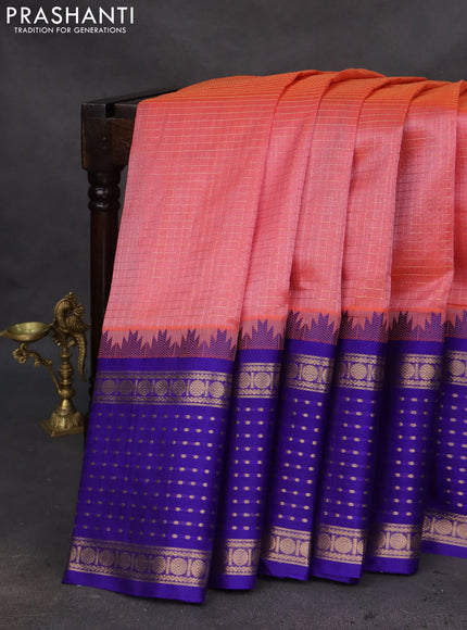 Kuppadam silk cotton saree peach orange and blue with allover small zari checks and temple design long zari woven butta border