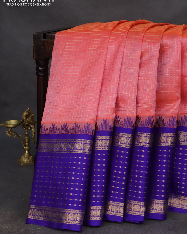 Kuppadam silk cotton saree peach orange and blue with allover small zari checks and temple design long zari woven butta border