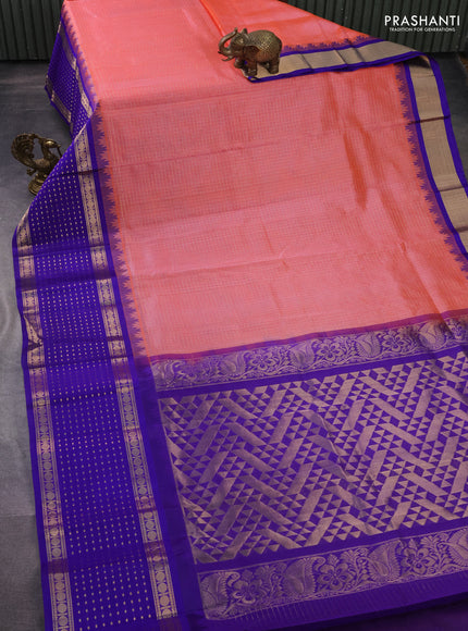 Kuppadam silk cotton saree peach orange and blue with allover small zari checks and temple design long zari woven butta border