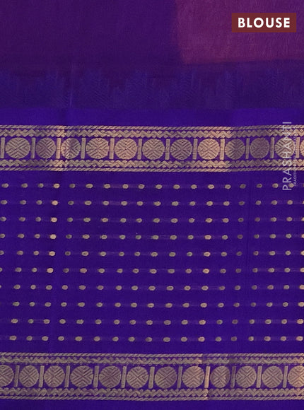 Kuppadam silk cotton saree peach orange and blue with allover small zari checks and temple design long zari woven butta border