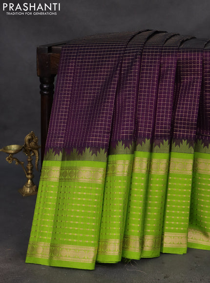 Kuppadam silk cotton saree deep violet and light green with allover small zari checks and temple design long zari woven butta border