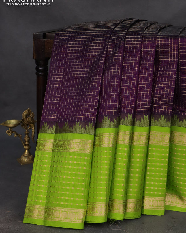 Kuppadam silk cotton saree deep violet and light green with allover small zari checks and temple design long zari woven butta border