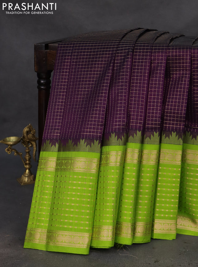 Kuppadam silk cotton saree deep violet and light green with allover small zari checks and temple design long zari woven butta border