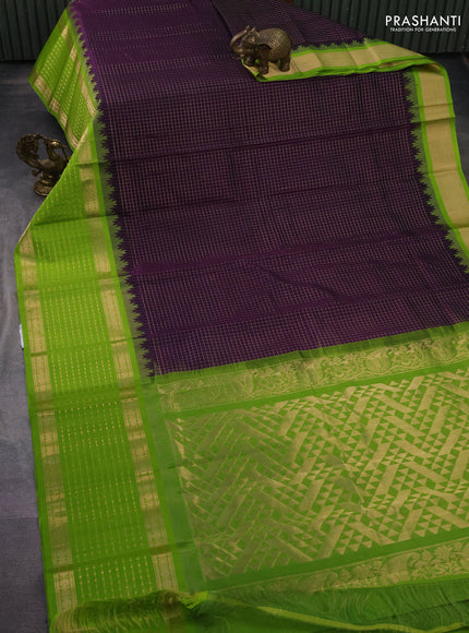 Kuppadam silk cotton saree deep violet and light green with allover small zari checks and temple design long zari woven butta border