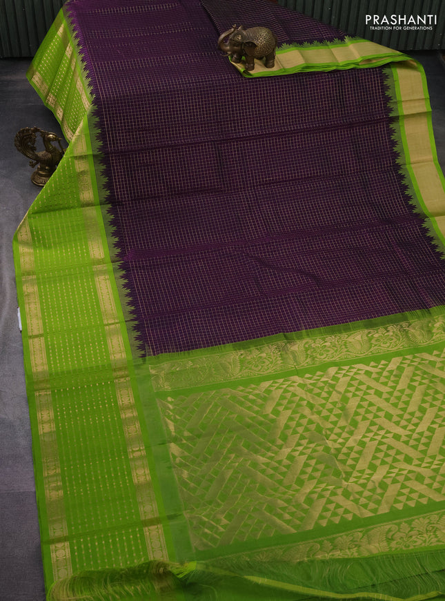 Kuppadam silk cotton saree deep violet and light green with allover small zari checks and temple design long zari woven butta border
