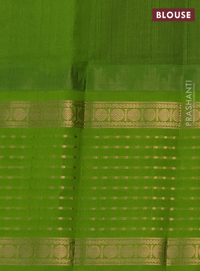 Kuppadam silk cotton saree deep violet and light green with allover small zari checks and temple design long zari woven butta border