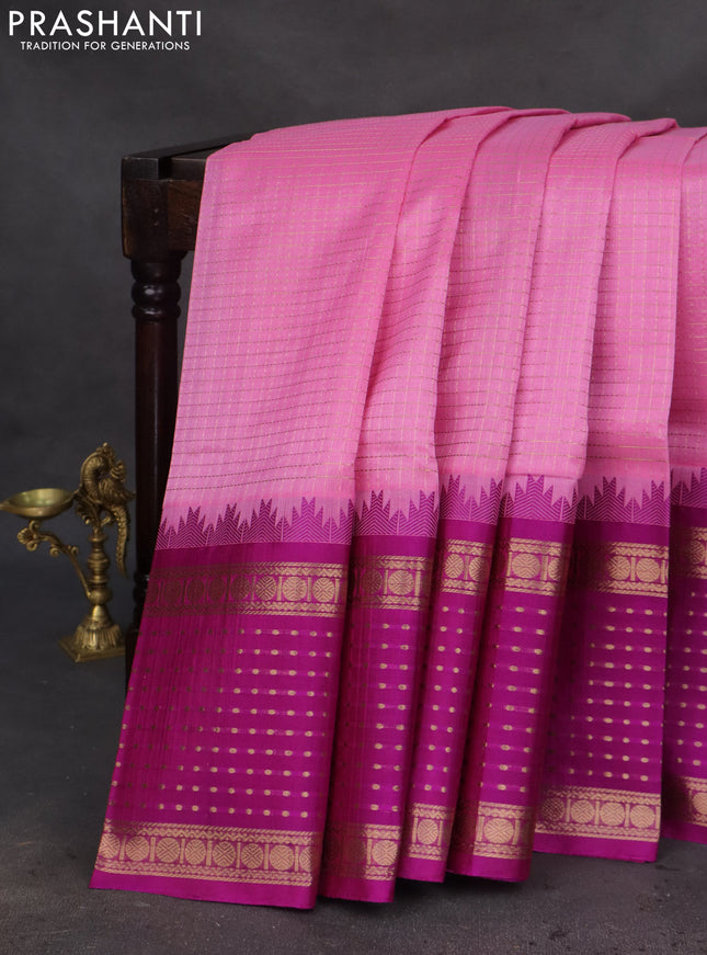 Kuppadam silk cotton saree light pink and purple with allover small zari checks and temple design long zari woven butta border
