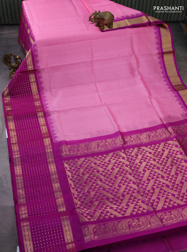 Kuppadam silk cotton saree light pink and purple with allover small zari checks and temple design long zari woven butta border