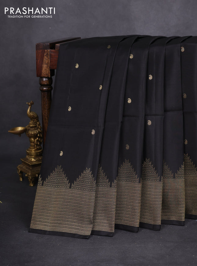 Kanchipuram soft silk saree black and pink with zari woven buttas and temple zari woven border