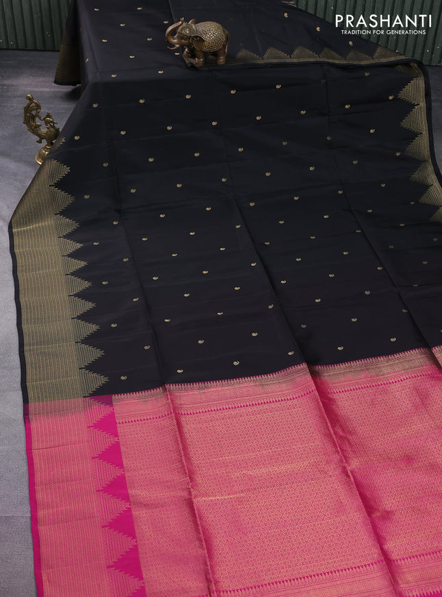 Kanchipuram soft silk saree black and pink with zari woven buttas and temple zari woven border