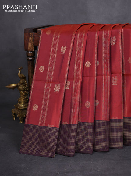 Kanchipuram soft silk saree maroon and wine shade with allover zari weaves & buttas and zari woven checked border