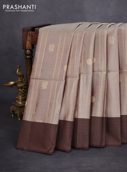 Kanchipuram soft silk saree beige and coffee brown with allover zari weaves & buttas and zari woven checked border