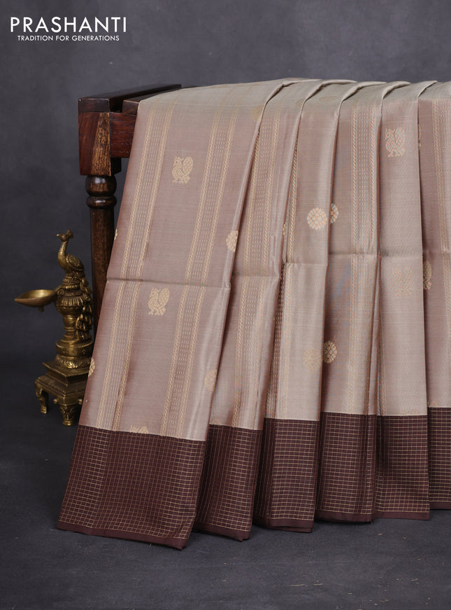 Kanchipuram soft silk saree beige and coffee brown with allover zari weaves & buttas and zari woven checked border