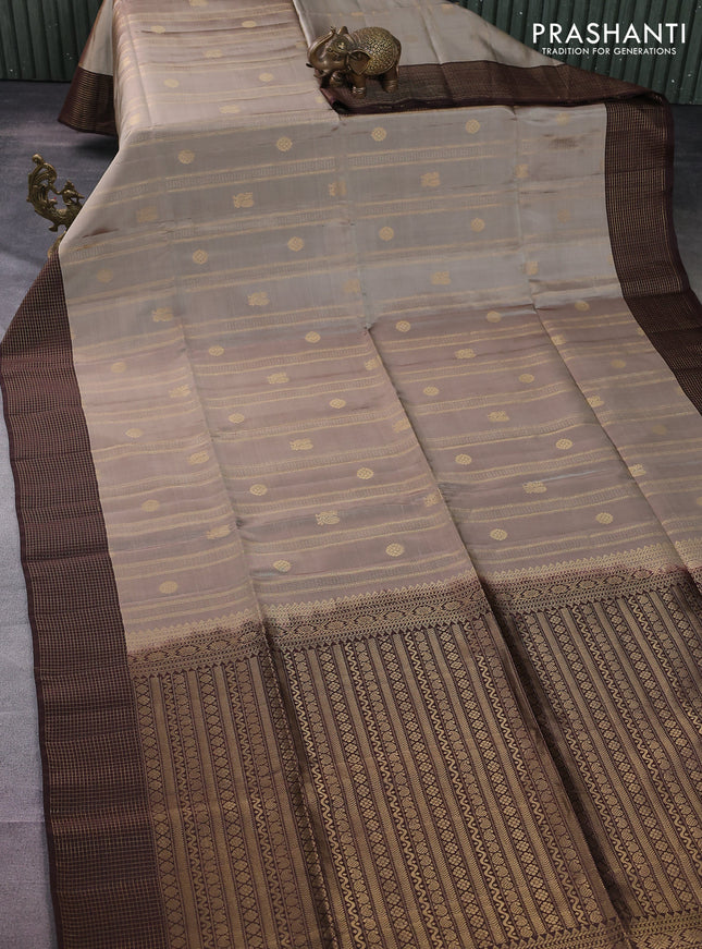 Kanchipuram soft silk saree beige and coffee brown with allover zari weaves & buttas and zari woven checked border
