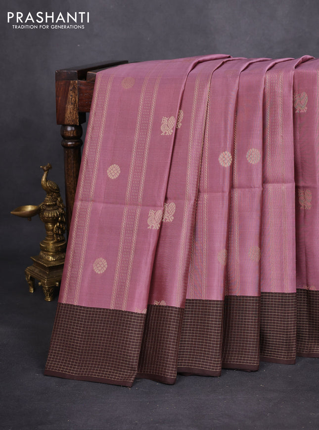 Kanchipuram soft silk saree pastel pink and coffee brown with allover zari weaves & buttas and zari woven checked border