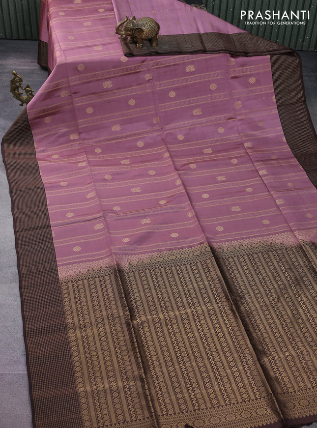 Kanchipuram soft silk saree pastel pink and coffee brown with allover zari weaves & buttas and zari woven checked border