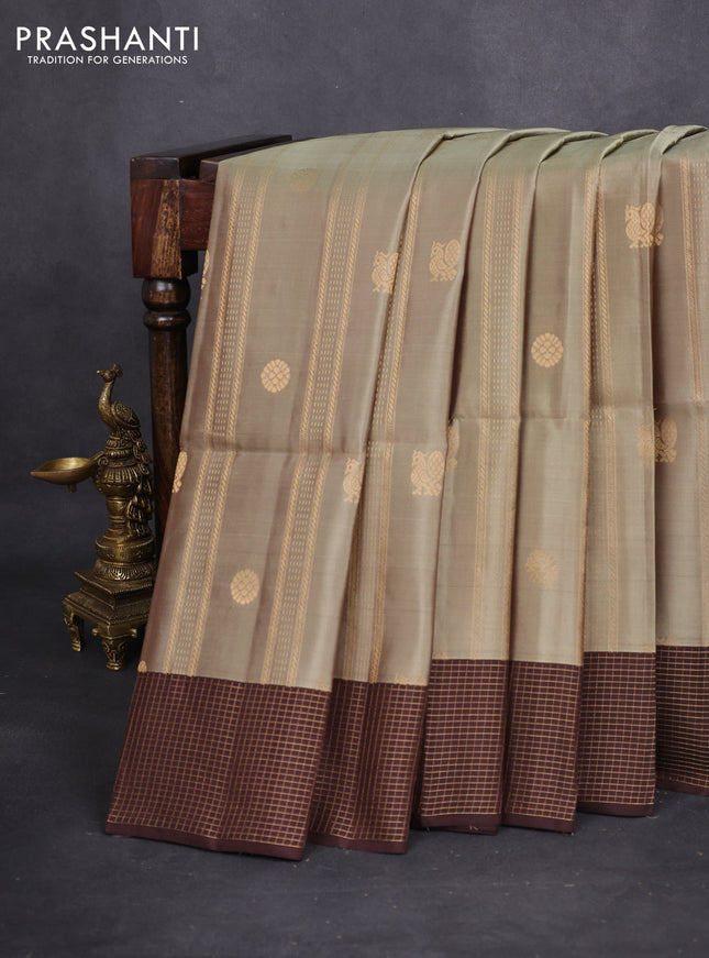 Kanchipuram soft silk saree elaichi green and coffee brown with allover zari weaves & buttas and zari woven checked border