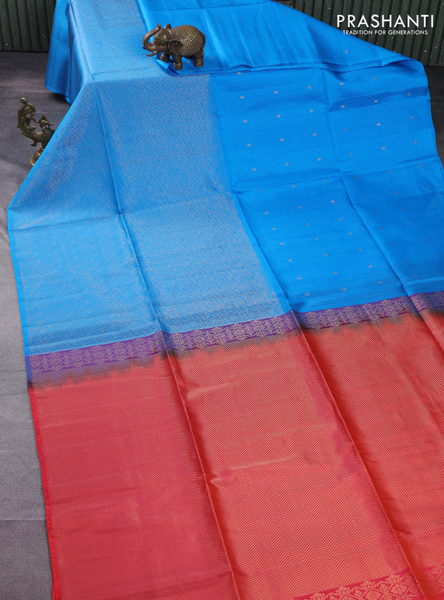 Kanchipuram soft silk saree cs blue and dual shade of pinkish orange with half & half style in borderless style