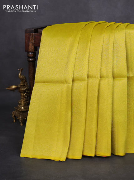 Kanchipuram soft silk saree fluorescent green and dual shade of pinkish orange with half & half style in borderless style