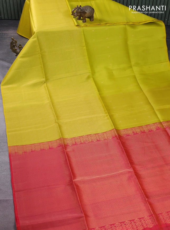 Kanchipuram soft silk saree fluorescent green and dual shade of pinkish orange with half & half style in borderless style